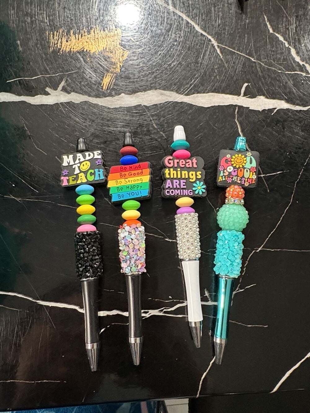Set of 4 Teacher Theme Beaded Ballpoint Pens Rhinestone Silicone Beads